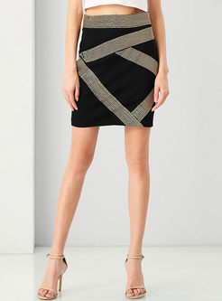 Sexy Splicing Bead Color Blocking Asymmetrical Sheath Skirt 