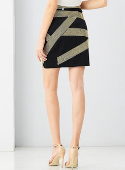 Sexy Splicing Bead Color Blocking Asymmetrical Sheath Skirt 