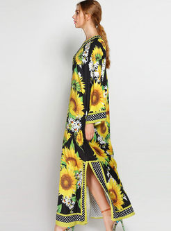 Bohemian Sunflower Print Open Fork Bead O-neck Long Sleeve Maxi Dress 