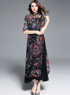 Vintage Print Gauze High Waist Sheath Two-piece Outfits With Underskirt 