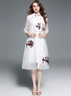 Vintage Double Birds Embroidered Stand Collar Three Quarter Sleeve Coat