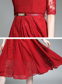 Party Embroidered Lace Hollow-out Slash Collar Half Sleeve Skater Dress