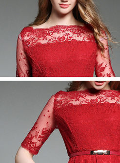 Party Embroidered Lace Hollow-out Slash Collar Half Sleeve Skater Dress