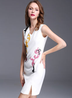 Sexy Embroidered Open Fork Splicing Sequins V-neck Slim Bodycon Dress