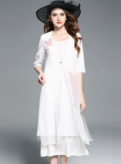 Casual Splicing Gauze Bowknot Embroidered Half Sleeve Coat 