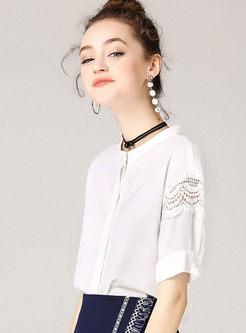 Casual Pure Color Embroidered Hollow-out Sheath Blouse 