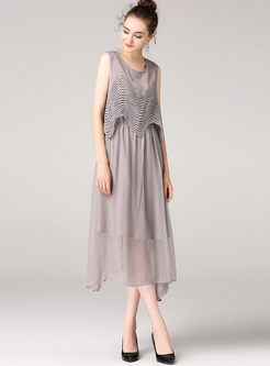 Casual Pure Color Splicing Hollow-out Loose Shift Dress 
