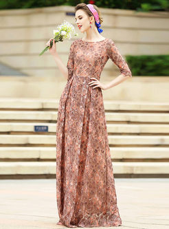 Party Embroidered Gauze Splicing O-neck Half Sleeve Maxi Dress 
