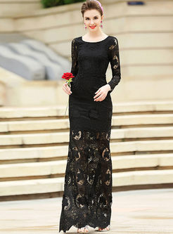 Party Lace Splicing Hollow-out Sheath O-neck Long Sleeve Bodycon Dress 