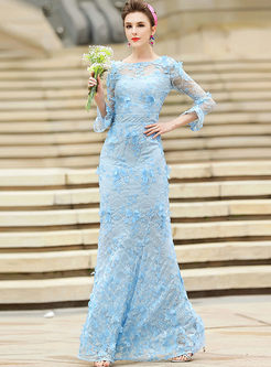 Party Lace Splicing Butterfly Sheath O-neck Flare Sleeve Maxi Dress 