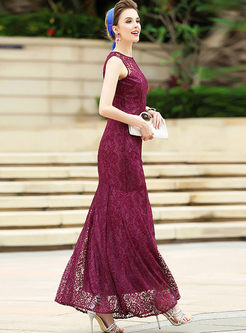 Party Lace Splicing Hollow-out O-neck Sleeveless Sheath Maxi Dress 