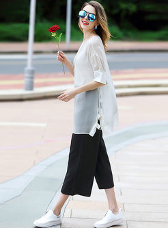 Casual Loose Pure Color Open Fork T-shirt With Underskirt 