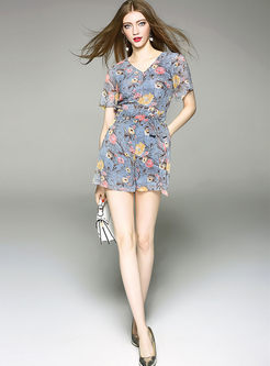 Casual Floral Print V-neck High Waist Rompers