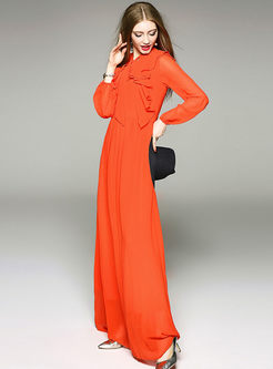 Party Pure Color Bowknot Collar Long Sleeve Maxi Dress 