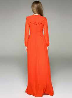Party Pure Color Bowknot Collar Long Sleeve Maxi Dress 