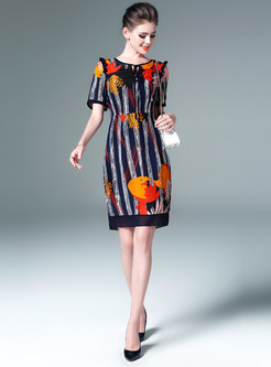 O-neck Flower-Print Short Sleeve Slim Dress