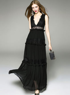 Party Lace Splicing Hollow-out V-neck Sleeveless Maxi Dress