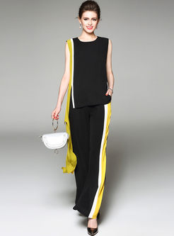 Casual Splicing O-neck Sleeveless Camis & Fashionable Color Blocking Wide Leg Pants 