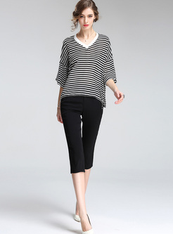 Casual Loose Striped V-neck T-shirt