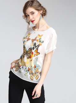 Chic Bat Sleeve Butterfly Print Blouse