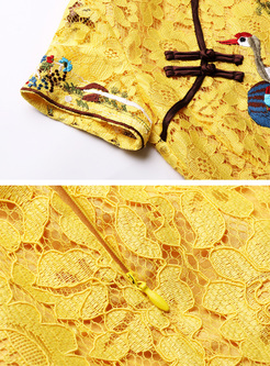 Vintage Embroidery Improved Cheongsam Skater Dress