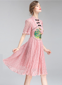 Vintage Embroidery Improved Cheongsam Skater Dress