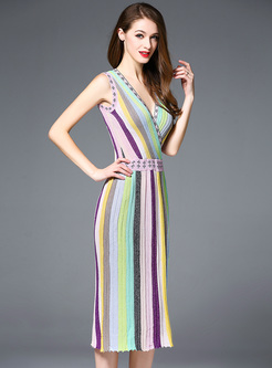 Chic Multicolor Striped V-neck Bodycon Dress