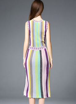 Chic Multicolor Striped V-neck Bodycon Dress