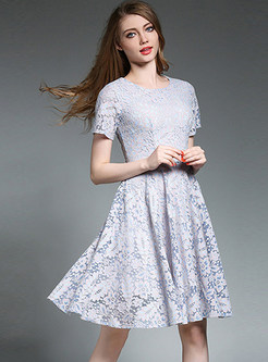 Lace Hollow Out Gathered Waist Short Sleeve Skater Dress