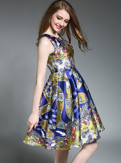 Floral Print Wrinkle Gathered Waist Sleeveless Skater Dress