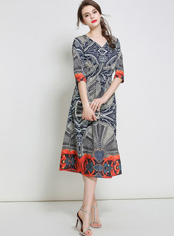 Ethnic Silk Floral Print Elastic Waist Three Quarters Sleeve Skater Dress