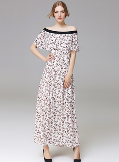 Elegant Slash Neck Slim Print Maxi Dress