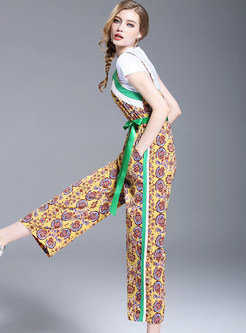 Hit color Floral Print Belt Short Sleeve Jumpsuits