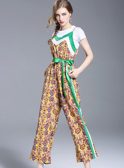 Hit color Floral Print Belt Short Sleeve Jumpsuits