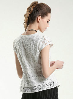 Casual O-neck Lace Hollow Slim T-shirt
