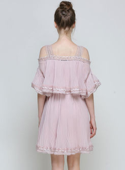 Pure Color Strapless Lace Chiffon Dress