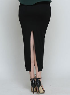 Casual Black Slim Knitted Split Skirt