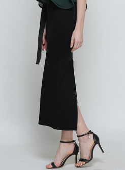 Casual Black Slim Knitted Split Skirt