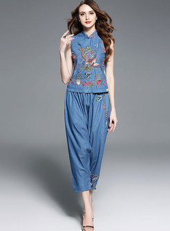 Causal Ethnic Embroidered Stand Collar Sleeveless Two-piece Outfits