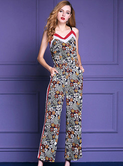 Causal Floral Print Sleeveless Backless Jumpsuits