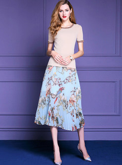 Vintage Silk Floral Print Blue Pleated Skirt