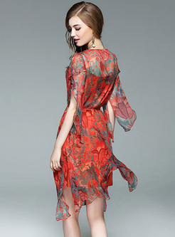 Bohemia Floral Print Waist Silk A-line Dress