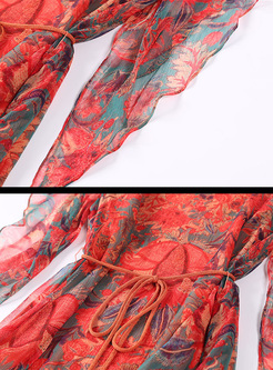 Bohemia Floral Print Waist Silk A-line Dress