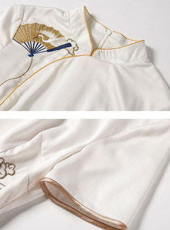 Vintage Fan Design Embroidered Slim Short Sleeve Stand Collar Skater Dress