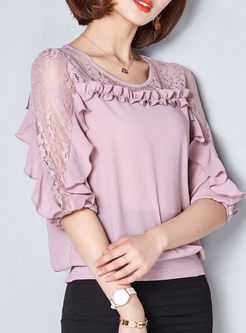 Sexy Lace Splicing Hollow-out Falbala Half Sleeve Blouse 