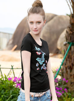 Casual O-neck Butterfly Print Short Sleeve T-shirt