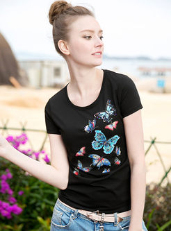 Casual O-neck Butterfly Print Short Sleeve T-shirt