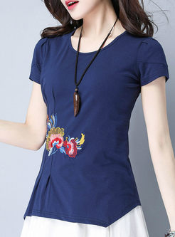 Ethnic Embroidered O-neck Short Sleeve Sheath T-shirt