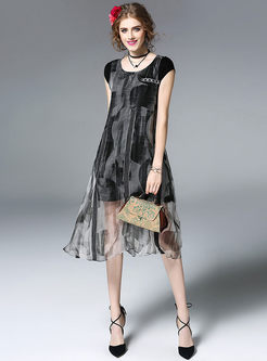 Casual O-neck Print Stitched Short Sleeve Shift Dress