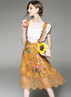 Slim Falbala Sleeve T-shirt & Floral Print Skirt